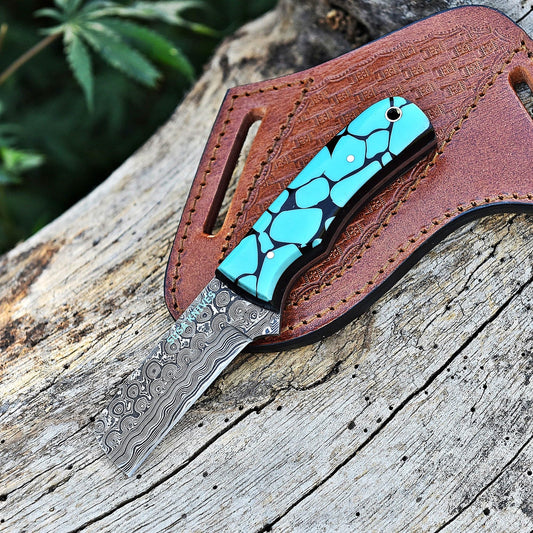 SUSA KNIVES Handmade Damascus steel Bull cutter knife cowboy knives with pancake leather sheath (FAROZI)